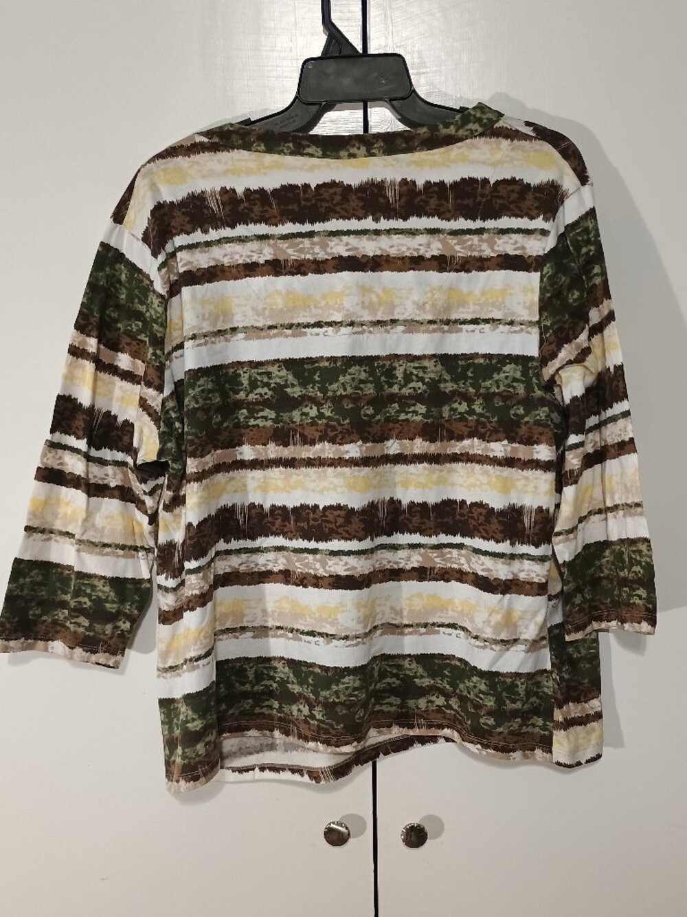 Rebecca Malone Women’s Large Boho Striped Peasant Top 3/4 Sleeve Tie Neck Cotton - Picture 3 of 7